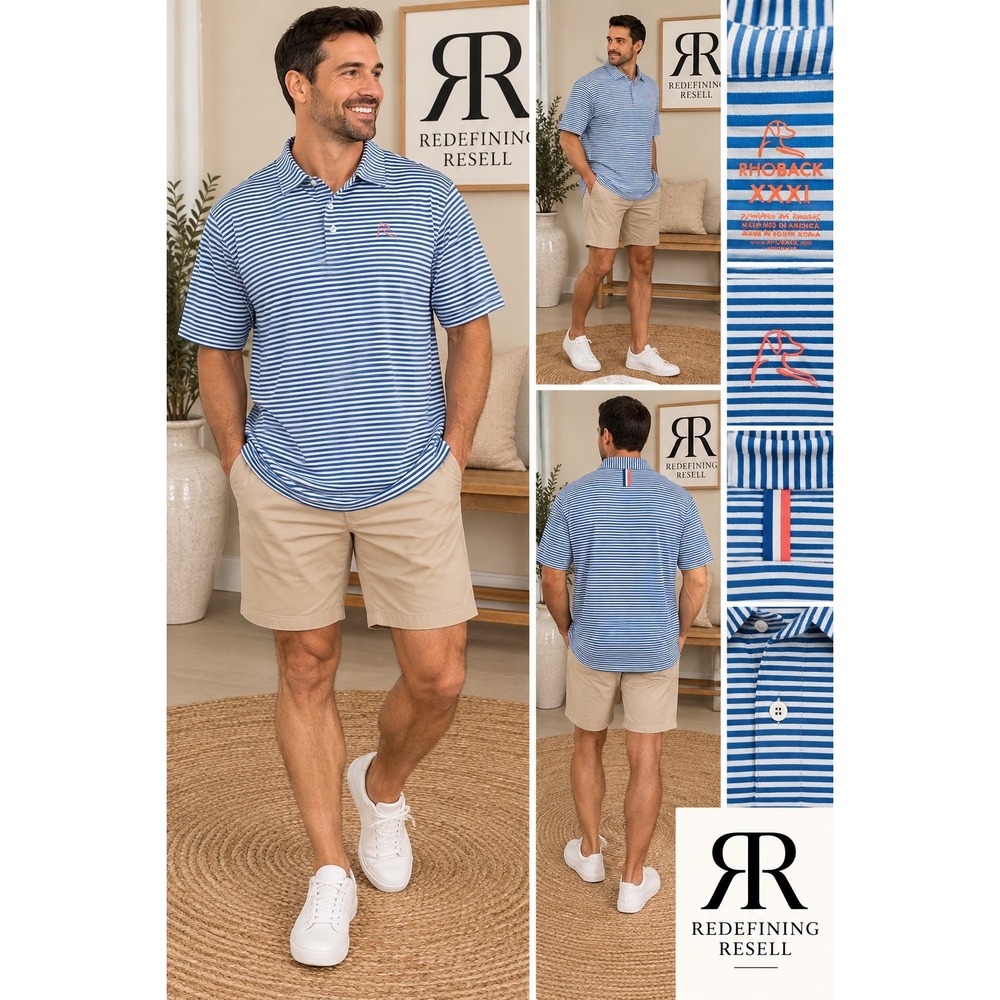 Rhoback Mens XXXL Performance Polo Shirt Blue White Striped Short Sleeve Golf